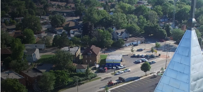 Aerial image of a steeple and Joliet